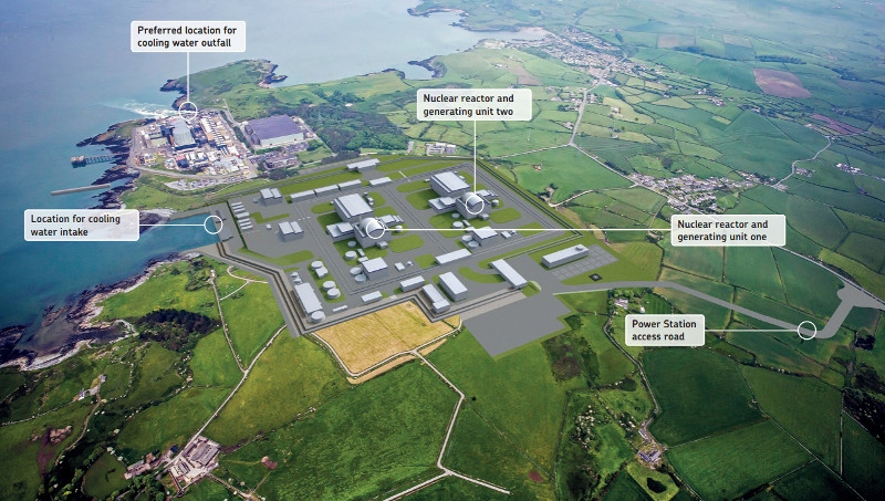 Předběžné znázornění podoby plánovaných bloků s reaktory UK ABWR v lokalitě Wylfa Newydd.