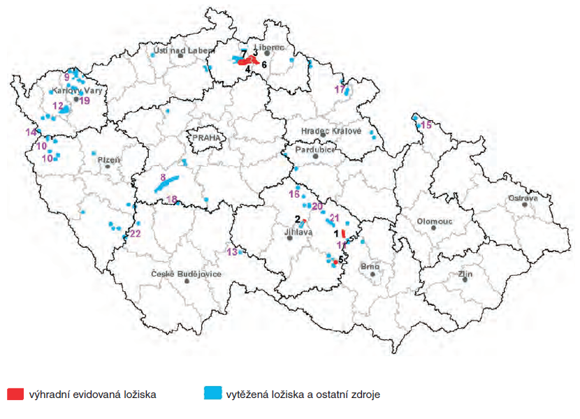 Ložiska uranu v ČR (mapa)