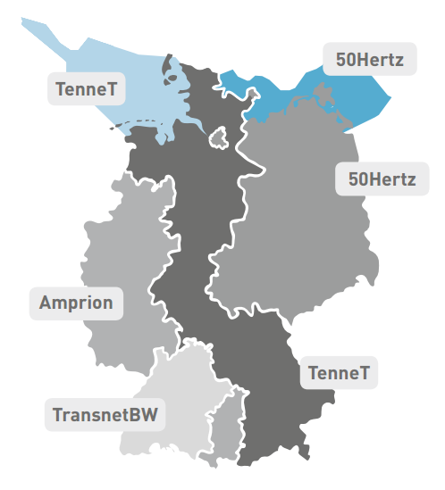 Provozovatelé přenosových soustav v Německu. Zdroj: NETZENTWICKLUNGSPLAN STROM 2025