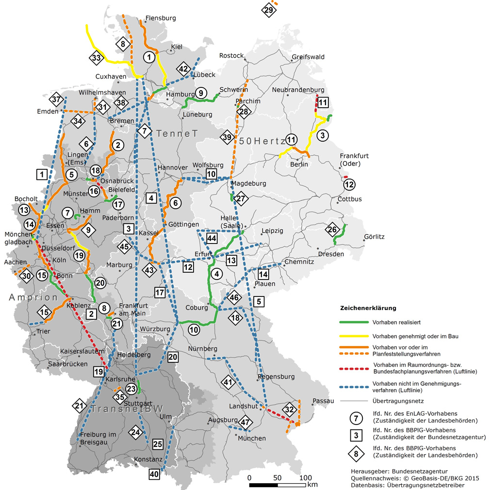 Plán výstavby německé přenosové sítě zdroj:Netzausbau.de