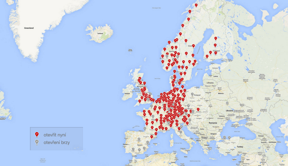 Mapa evropských nabíjecích stanic Tesla Supercharger, zdroj: teslamotors.com