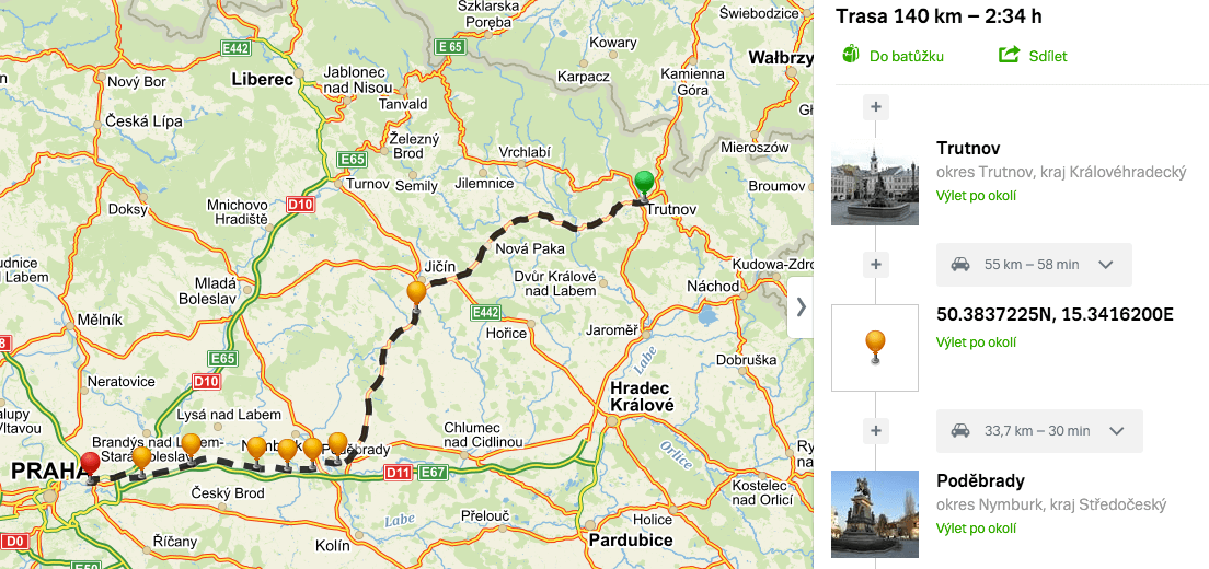 Mapa testovací trasy z Krkonoš do Prahy, zdroj: Mapy.cz