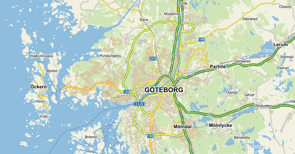 Mapa Göteborgu a jeho obchvatů. Zdroj: Mapy.cz
