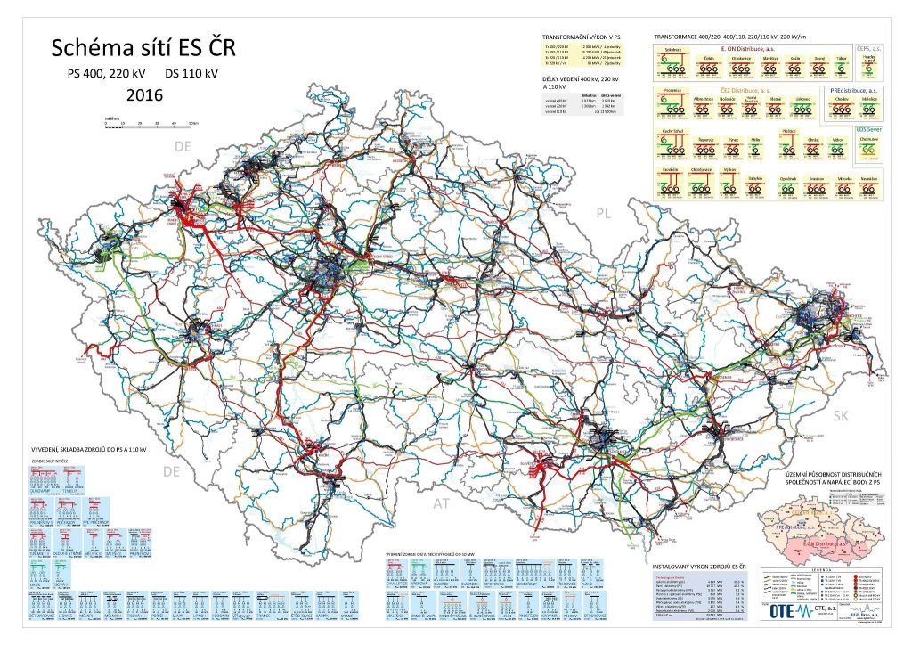 Schéma přenosových a významných distribučních sítí (2015) Zdroj: ERÚ