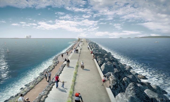 Grafický návrh hráze u projektu Swansea Bay. Zdroj: Tidal Lagoon PowerPA