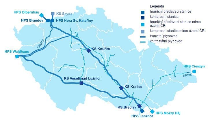 Přepravní soustava ČR. Zdroj: NET4GAS