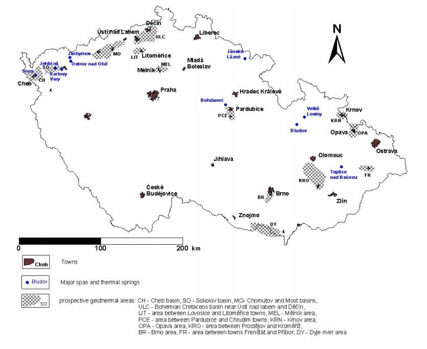 Výskyt lázní a horkých pramenů a vhodné lokality por využívání geotermální energie. Zdroj: prvnigeotermalni.cz