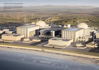Plánovaná podoba dvou bloků jaderné elektrárny Hinkley Point C. Tato elektrárna by měla ukončit přestávku ve výstavbě nových jaderných bloků ve Spojeném království, která trvá přes 20 let.