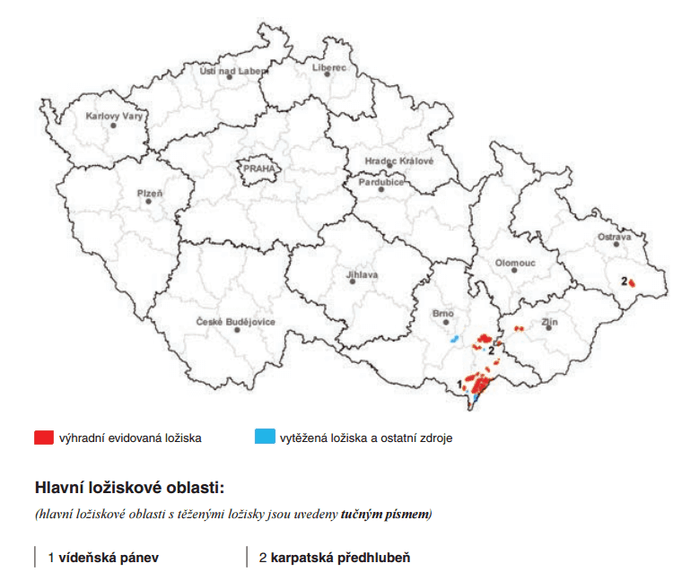 Evidovaná ložiska ropy na území ČR (Zdroj: Česká geologická služba)