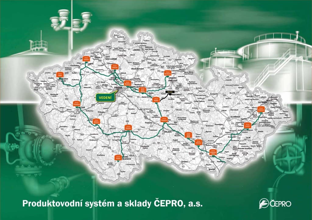 Mapa produktovodů společnosti ČEPRO. Zdroj: ČEPRO