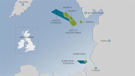 Umístění větrného parku Walney se zobrazením plánovaného rozšíření. Zdroj: http://www.dongenergy.com/