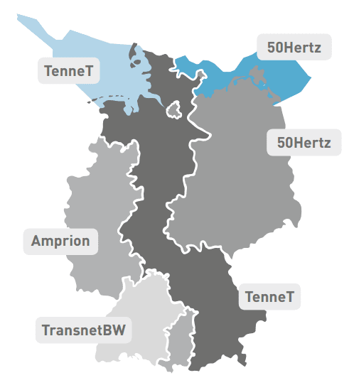 Přenosové společnosti v Německu. Zdroj: NETZENTWICKLUNGSPLAN STROM 2025
