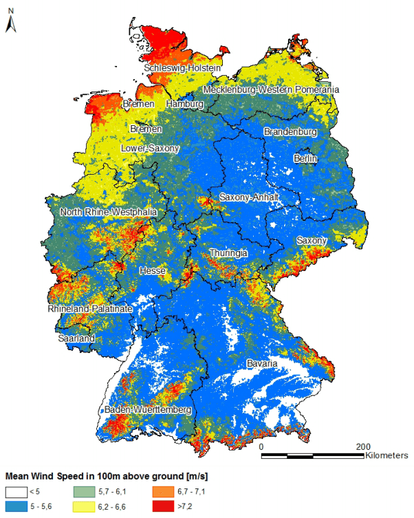 Průměrná rychlost větru ve výšce 100 m nad zemským povrchem, Německo.Zdroj mdpi.com