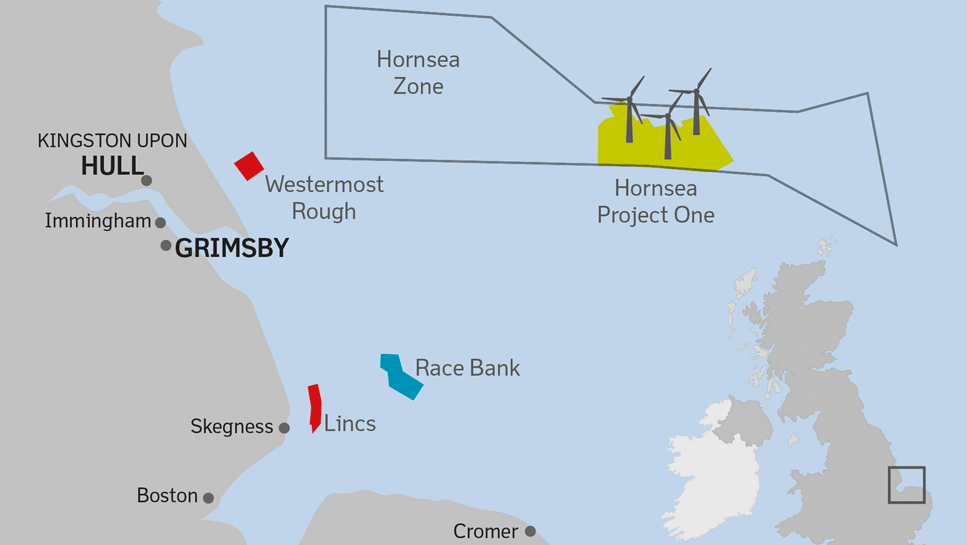 Vyznačení oblasti pro stavbu větrného parku Hornsea. Zdroj: Dong Energy
