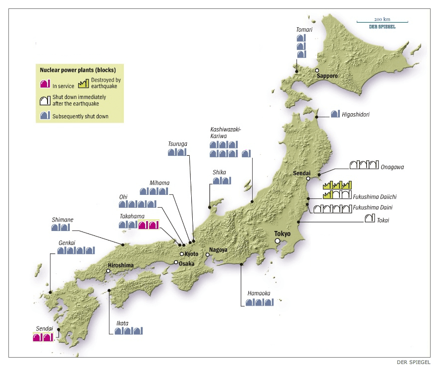 Přehled japonský jaderných elektráren. Fialově jsou zvýrazněn bloky, které jsou v provozu, modře a bíle bloky, které jsou odstavené a zelenou barvou jsou vyznačené bloky poničené zemětřesením. Zdroj: Der Spiegel, redakčně upraveno.