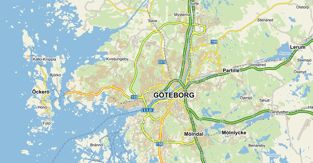Mapa Göteborgu a jeho obchvatů. Zdroj: Mapy.cz