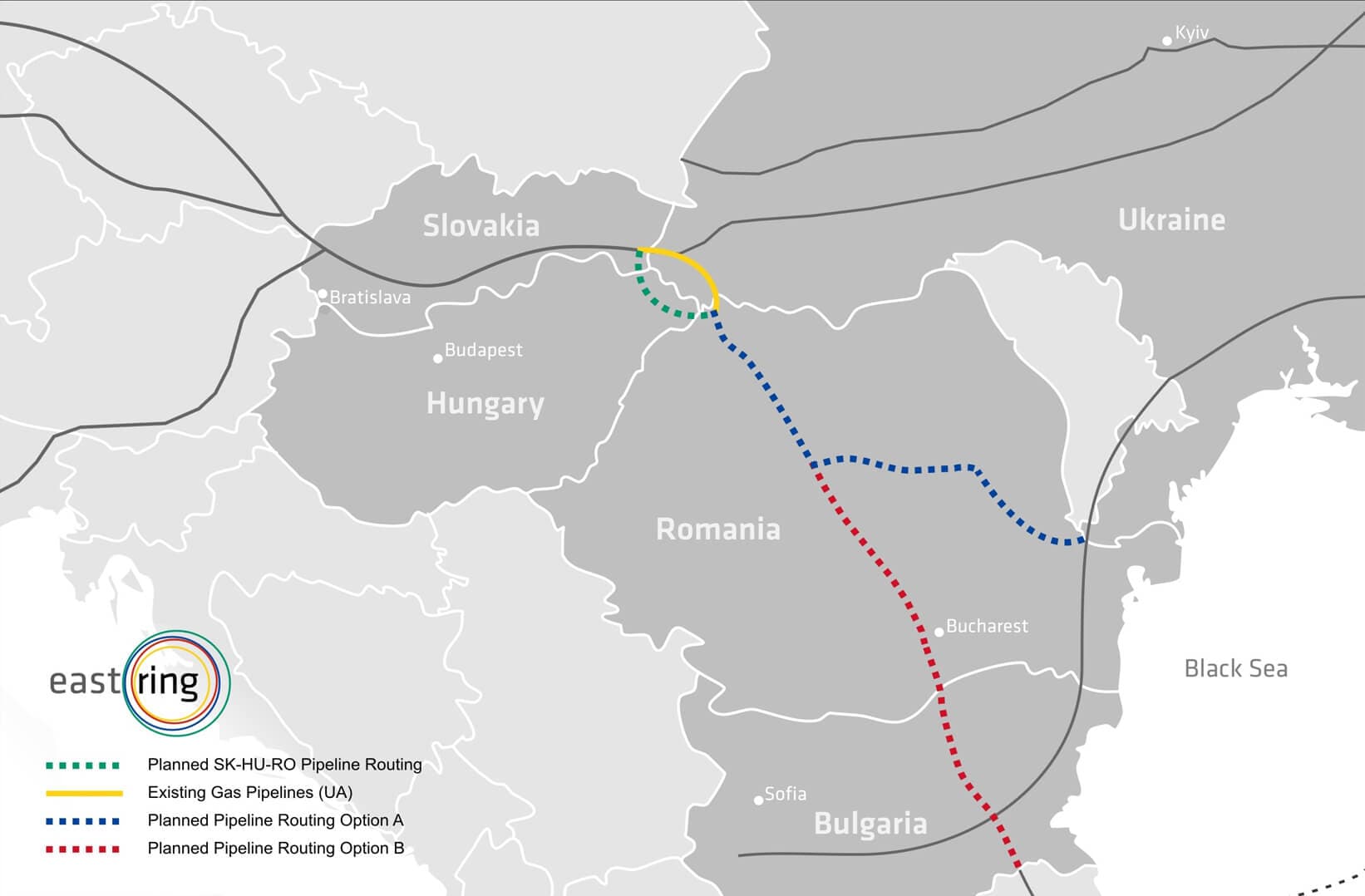 Mapa pro plynovod Eastring Zdroj: Eastring.eu