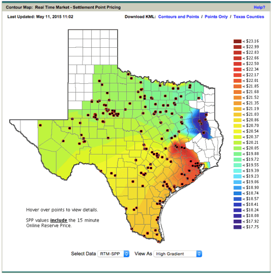Cena elektřiny závislá na lokalitě, Texas