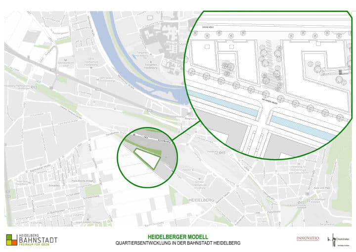 Projekt Heidelberg Village vzniká v oblasti Drážního města (Bahnstadt), kde dříve stálo nákladové nádraží. Zdroj: Frey Architekten