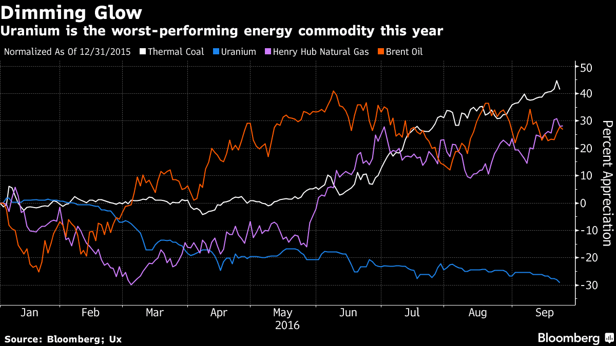 Porovnání vývoje cen energetických komodit v roce 2016 . Zdroj: bloomberg.com; Ux