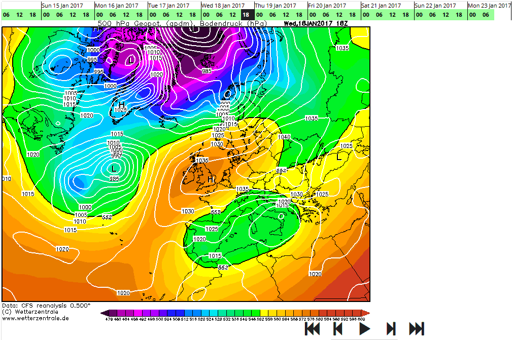 Synoptická mapa Evropy, 18.1.2017