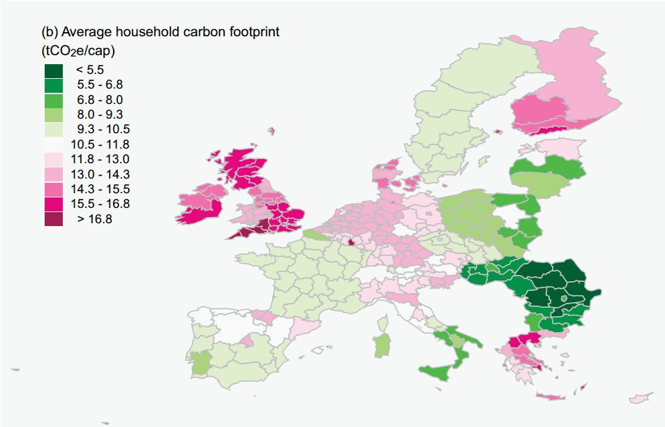 Jak si v průměru vedly evropské domácnosti - uhlíková stopa per capita. Zdroj: Ivanova et al, Environmental Research Letters
