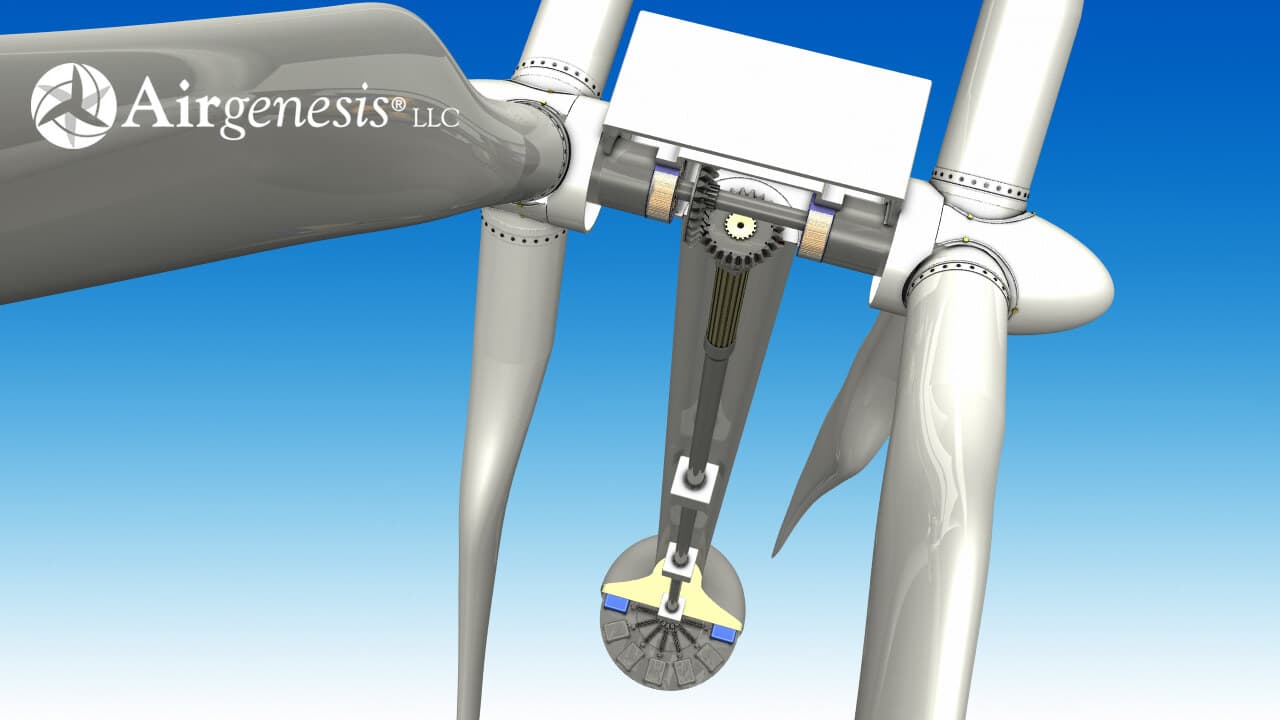 Ilustrace konstrukčního řešení dvourotorové větrné elektrárny Airgenesis. No obrázku je vidět společná hřídel rotorů, hřídel v tubusu a generátory umístěné u země. Zdroj: http://www.airgenesiswind.com/