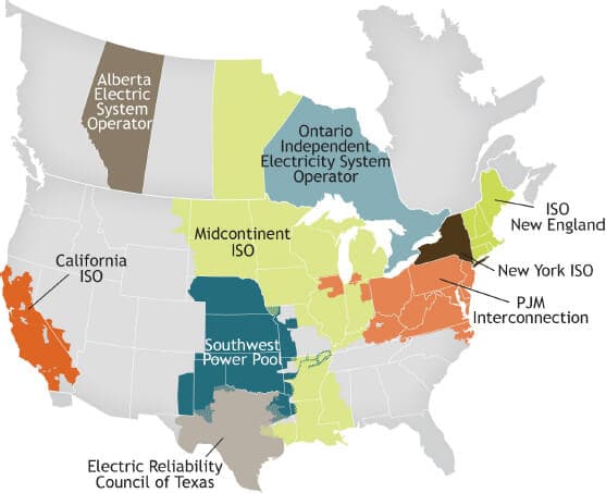 Provozovatelé přenosových soustav v Severní americe. Zdroj: CAISO