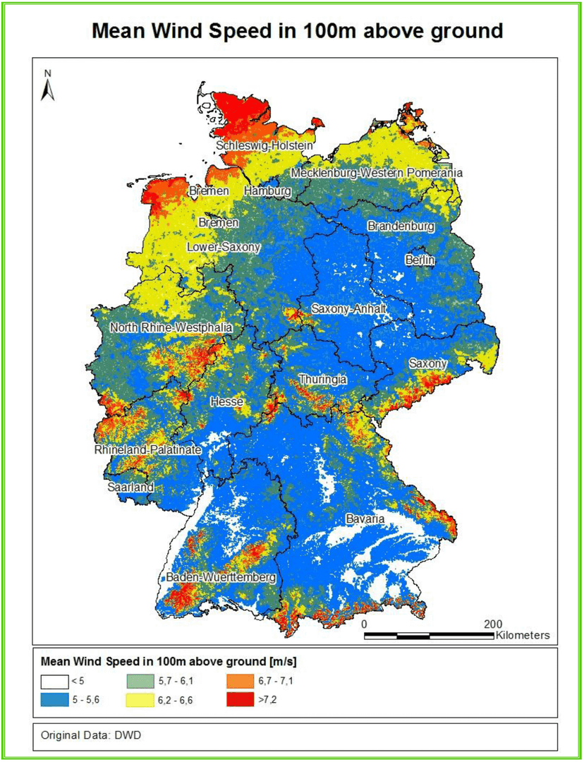 Průměrná rychlost větru v Německu. Je vidět zásadní rozdíl mezi severem a jihem.