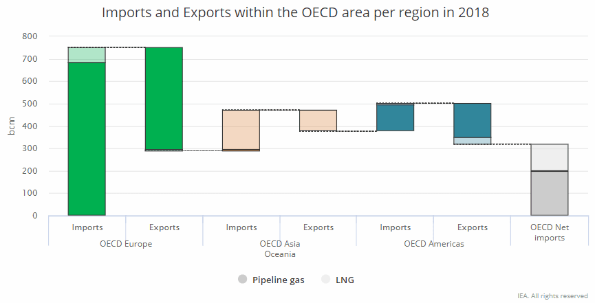 Dovoz a vývoz zemního plynu dle jednotlivých regionů OECD. Zdroj: IEA