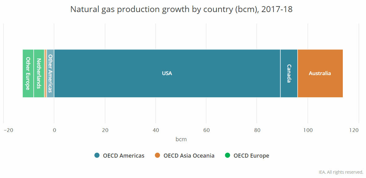 Nárůst produkce zemního plynu meziročně (2018) v zemích OECD. Zdroj: IEA