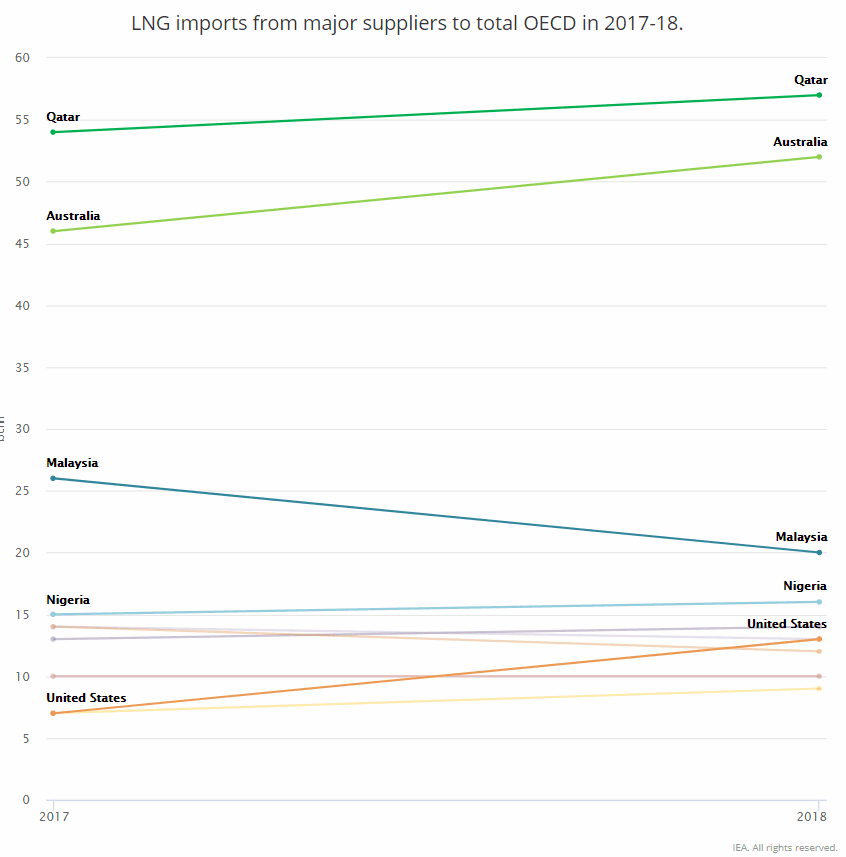 Původ a výše importů zkapalněného plynu do zemí OECD. Zdroj: IEA