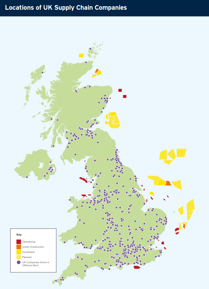 Přímořské oblasti, ve kterých již jsou v provozu, nebo jsou plánovány větrné parky. Dále sídla firem, které se podílí na dodávkách technologií. Zdroj: GOV.UK