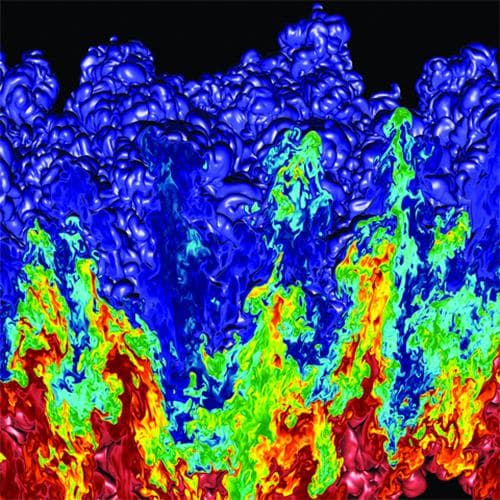 Simulace Rayleigh-Taylorových hydrodynamických nestabilit realizované pomocí superpočítače BlueGene/L v laboratoři LLNL (zdroj LLNL)