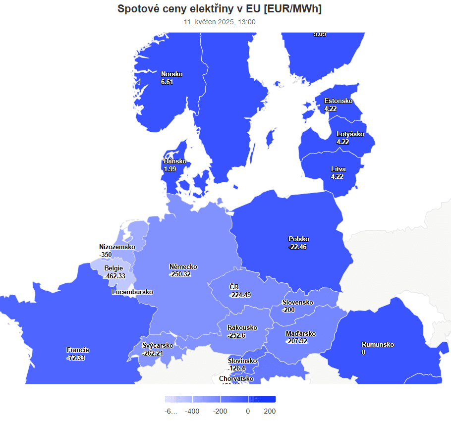 Ceny elektřiny napříč evropskými spotovými trhy během neděle 11. května 2025 mezi 13:00 a 14:00