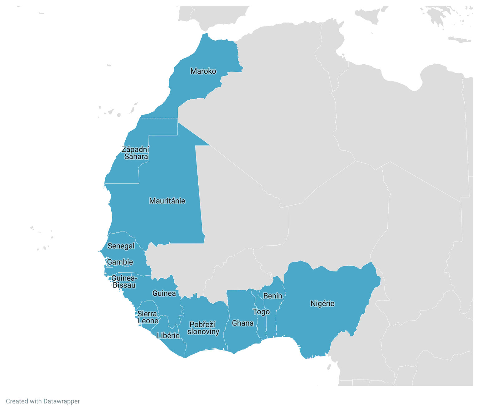 Mapa Afriky zobrazující země na trase plánovaného plynovodu African Atlantic Gas Pipeline mezi Nigérií a Marokem