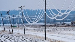 Námraza zatěžující elektrické vedení.