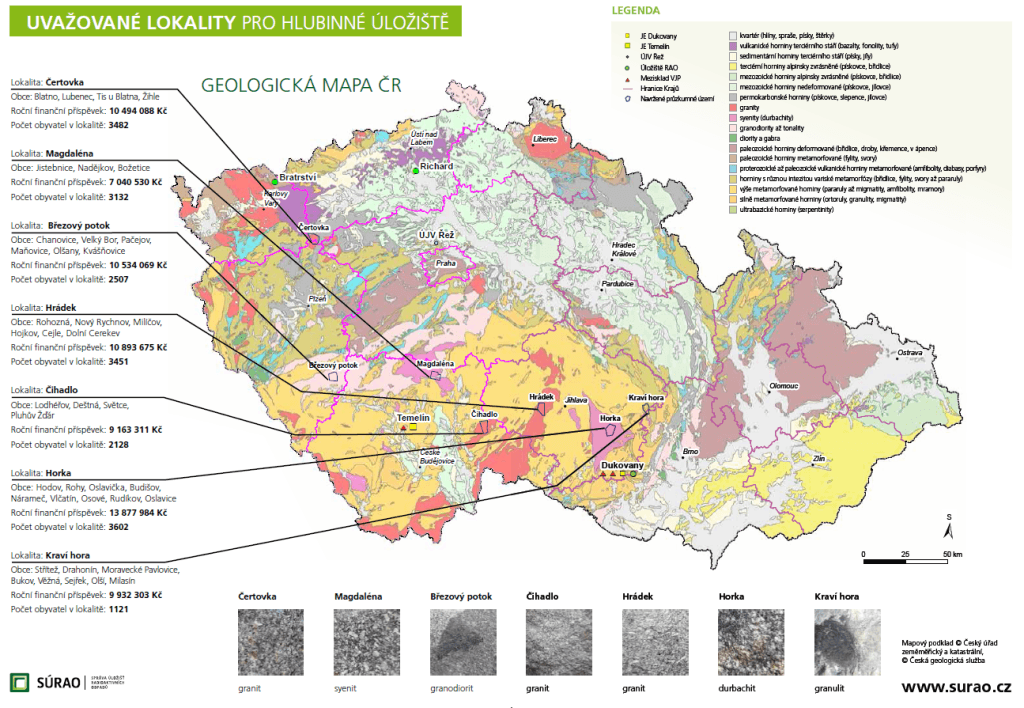 Umístění lokalit na mapě ČR. Zdroj: SÚRAO