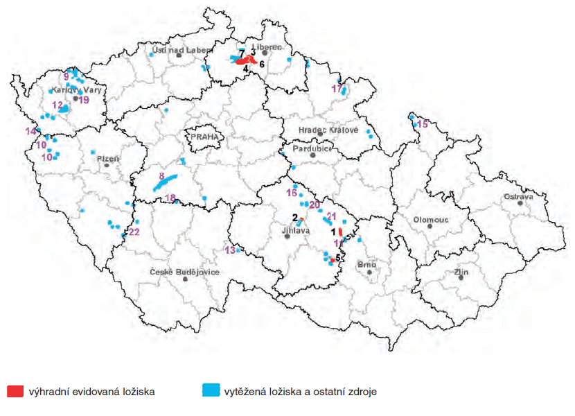 Ložiska uranu v ČR (mapa)
