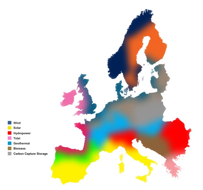 Regiony EU zabarvené podle technologie s nejvyšším potenciálem v dané lokalitě. Zdroj: worldinfrastructurenews.com