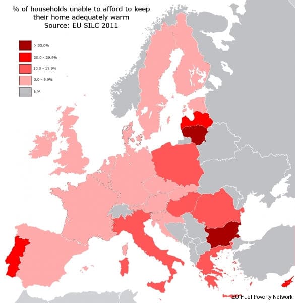Procentuální vyjádření počtu domácností, které nejsou schopny dostatečně vytápět své domovy. Zdroj: Wand, C.R. (2013)