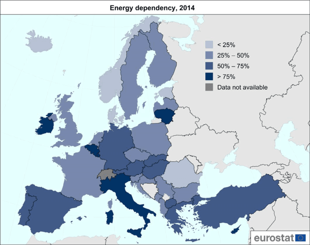 Závislost evrospkých zemí na dovozu energií v roce 2014. Zdroj: eurostat