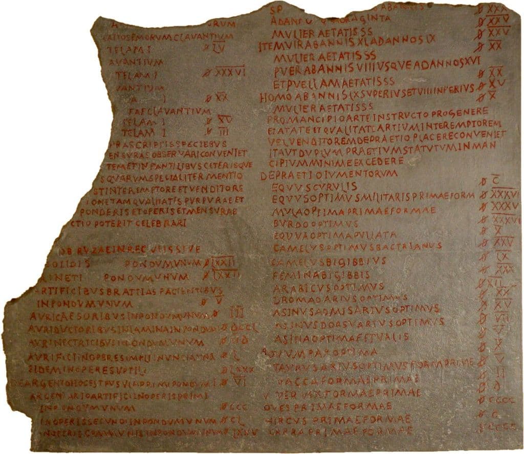 Část ediktu určujícího maximální ceny v Římské říši. Zdroj: Wikimedia