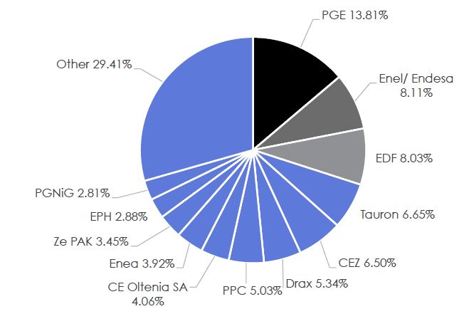Největší znečišťovatelé v EU – podíl energetických společností. Zdroj: IEEFA