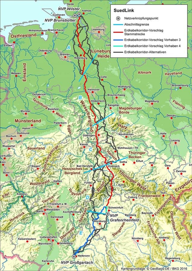 Trasa vedení SuedLink. Zdroj: TenneT