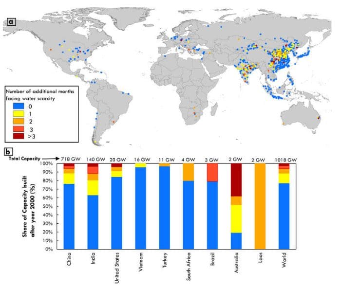 Dodatečné měsíce nedostatku vody u uhelných elektráren, které by byly doplněny technologií pro zachytávání CO2 založených na metode aminové vypírky. Zdroj: University of California