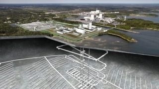 Vizualizace konečného úložiště vyhořelého jaderného paliva ve Forsmarku. Celková délka tunelového systému je více než 60 kilometrů. Pod zemí se úložiště rozkládá na ploše tří až čtyř kilometrů čtverečních. Je umístěno v hloubce 500 metrů. Zdroj: SKB