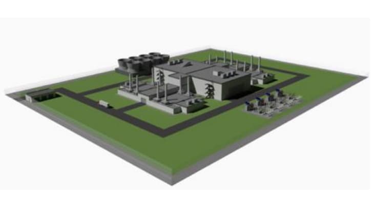 Vizualizace dispozičního plánu elektráren SEALAR se čtyřmi výrobními bloky, každý s výkonem 55 MW elektrických