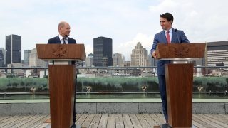 Canada's Prime Minister Justin Trudeau (R) and German Chancellor Olaf Scholz participate in a news conference in Montreal, Quebec, Canada, on August 22, 2022. (Photo by Dave Chan / AFP) (Photo by DAVE CHAN/AFP via Getty Images)