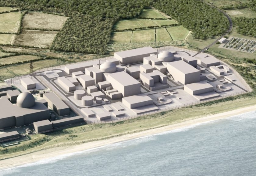 Projekt dvou nových bloků s reaktory typu EPR vedle elektrárny Sizewell B s jedním tlakovodním blokem od společnosti Westinghouse a Sizewell A se dvěma domácími bloky s reaktory typu Magnox. Zdroj: EDF Energy 